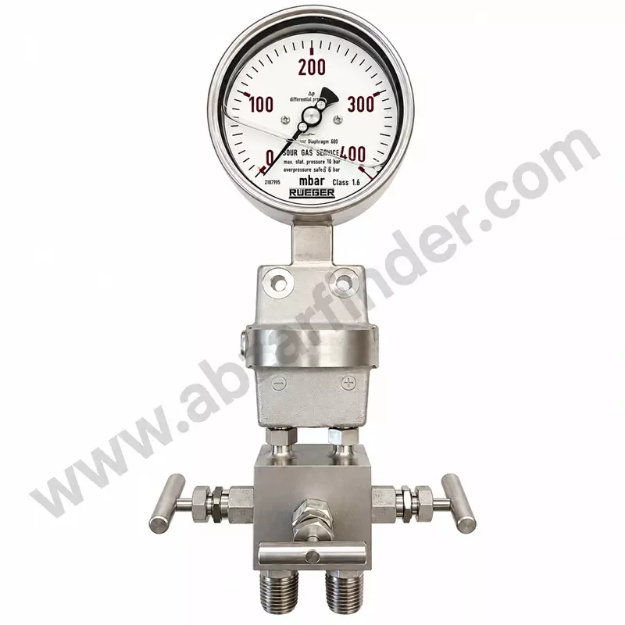 گیج اختلاف فشار دیافراگمی روگر رنج 0 تا 400 میلی‌بار همراه با منیفولد